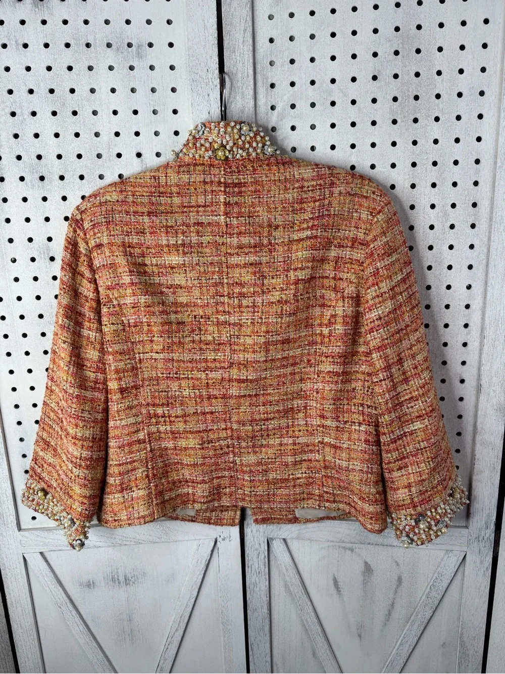 Chico’s Beaded Tweed Jacket Peach Orange Boucle Career Chic SZ 1 Classic Preppy